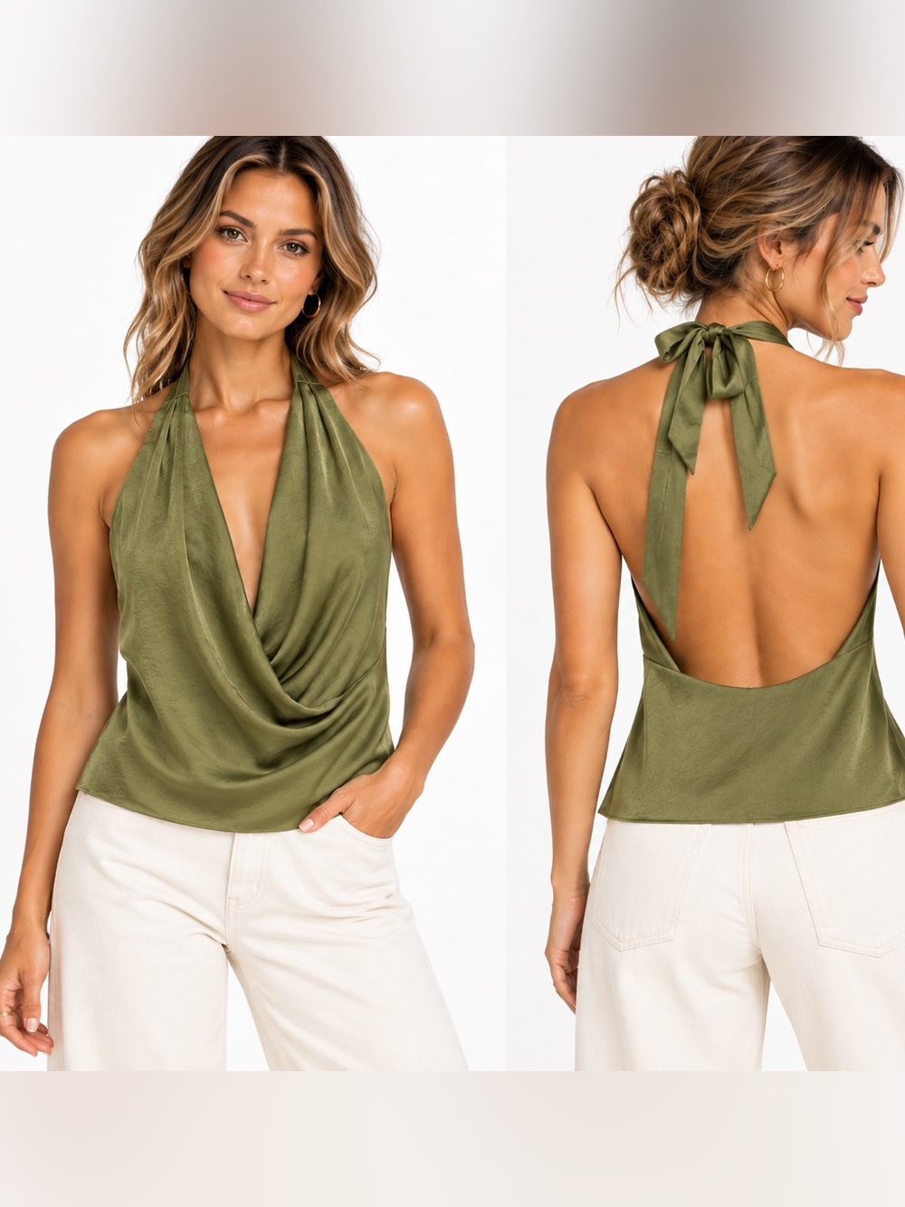 Aritzia Wilfred Martini Satin Halter Top Open Back Draped Olive Green Sz S